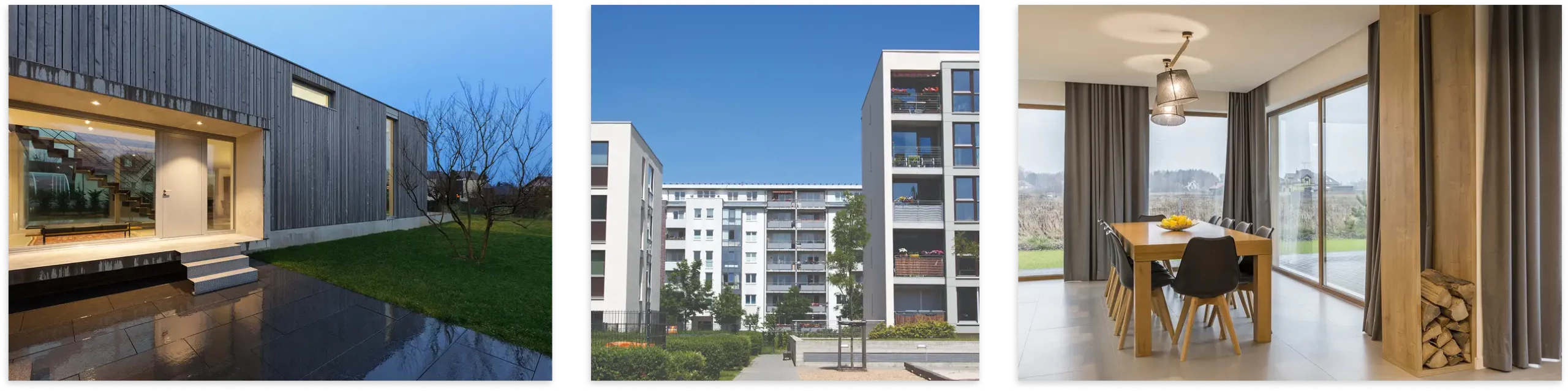 Collage von Projekten: moderner Holzbau, Mehrfamilienhaus und Essbereich mit großen Fenstern