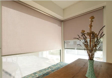 Helle Stoffrollos im Essbereich an großen Fenstern