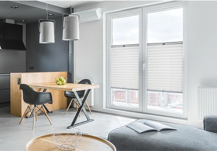 Moderner Innenraum mit Plissees an Fenstertüren